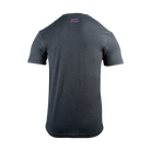 Rear view of charcoal tee with pink "TOSH SHOW" text on upper back