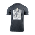 Charcoal tee with polaroid image on front of dog with text "CARL"