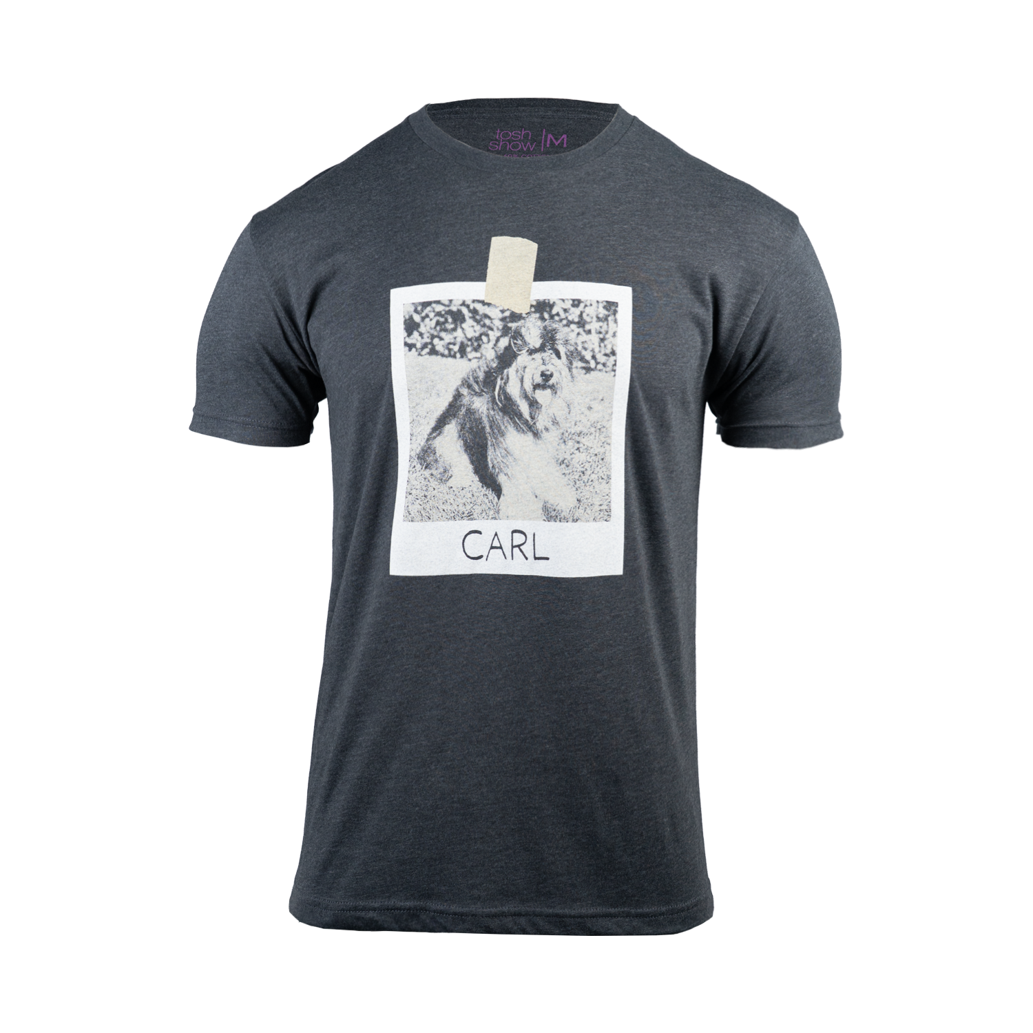 Charcoal tee with polaroid image on front of dog with text "CARL"