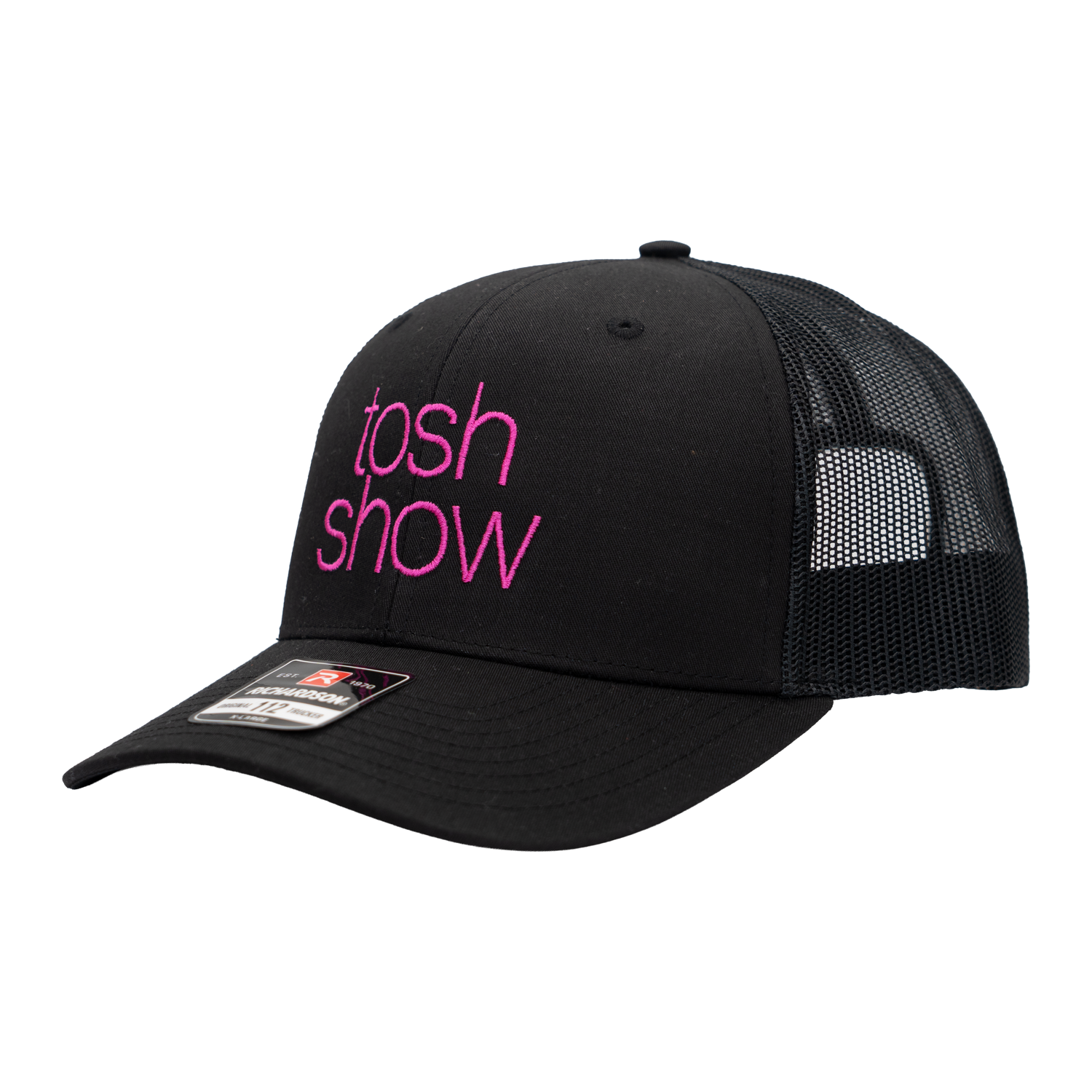 Black cap with 'tosh show' text in pink