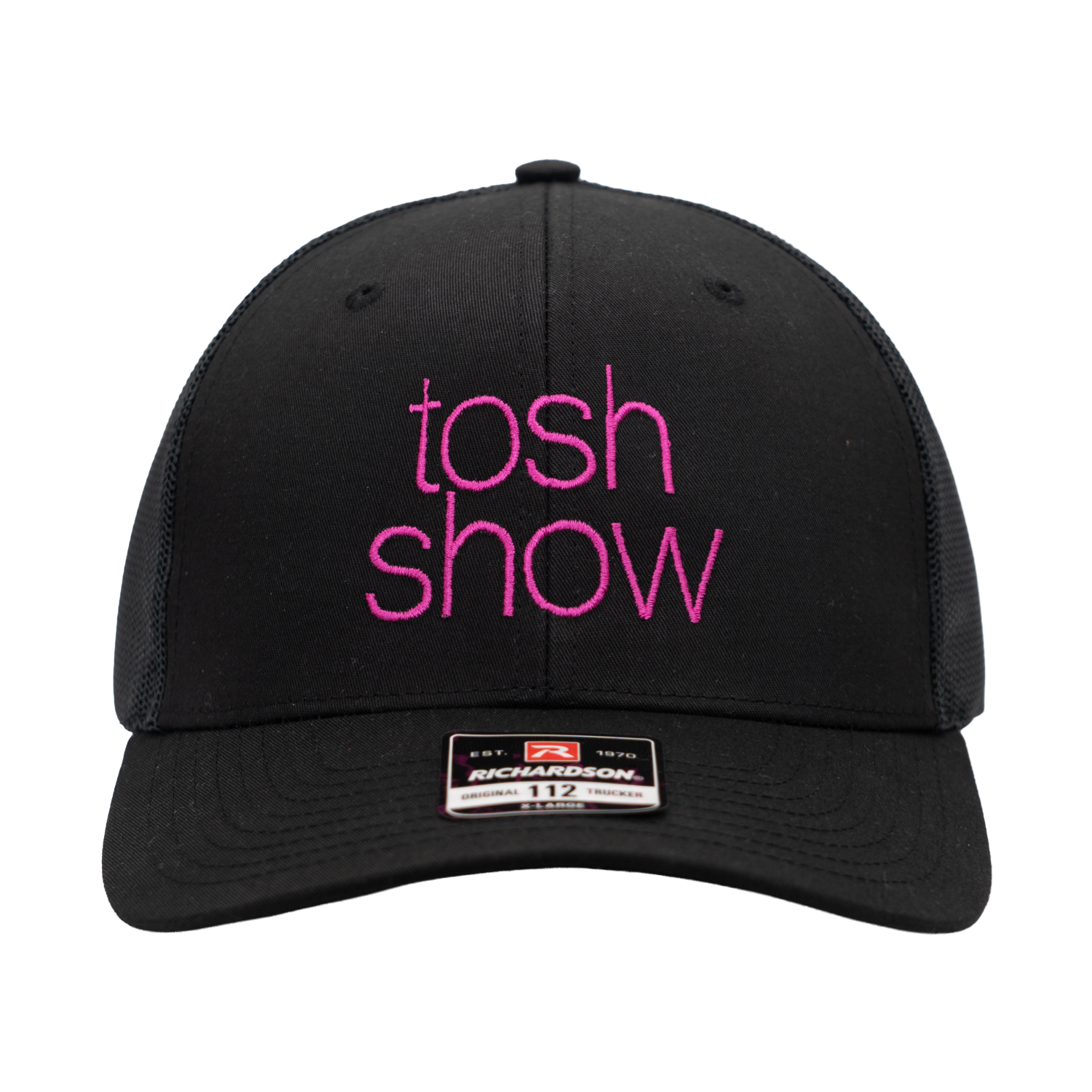 Black cap with 'tosh show' in pink text